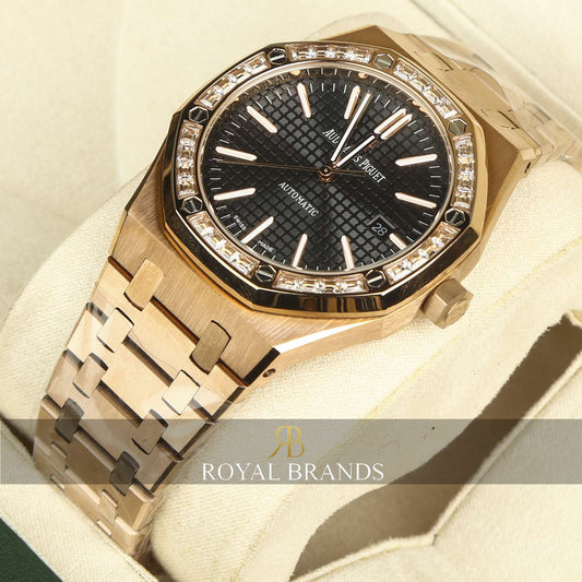 Latest Collection Rose Gold With Black Dial & Stone Bezel Automatic Watch
