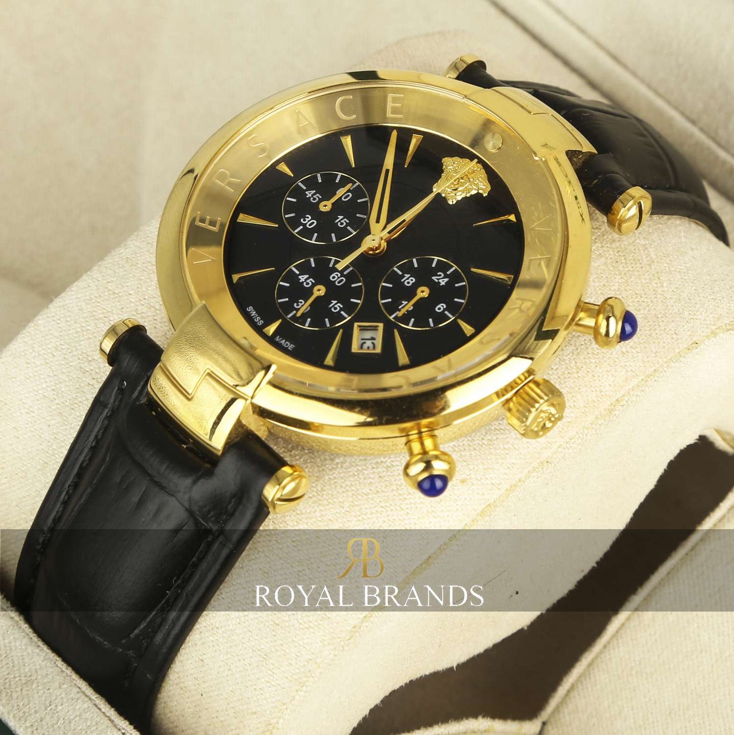 Latest Collection Chronograph Yellow Gold Black Dial With Leather Strap Watch