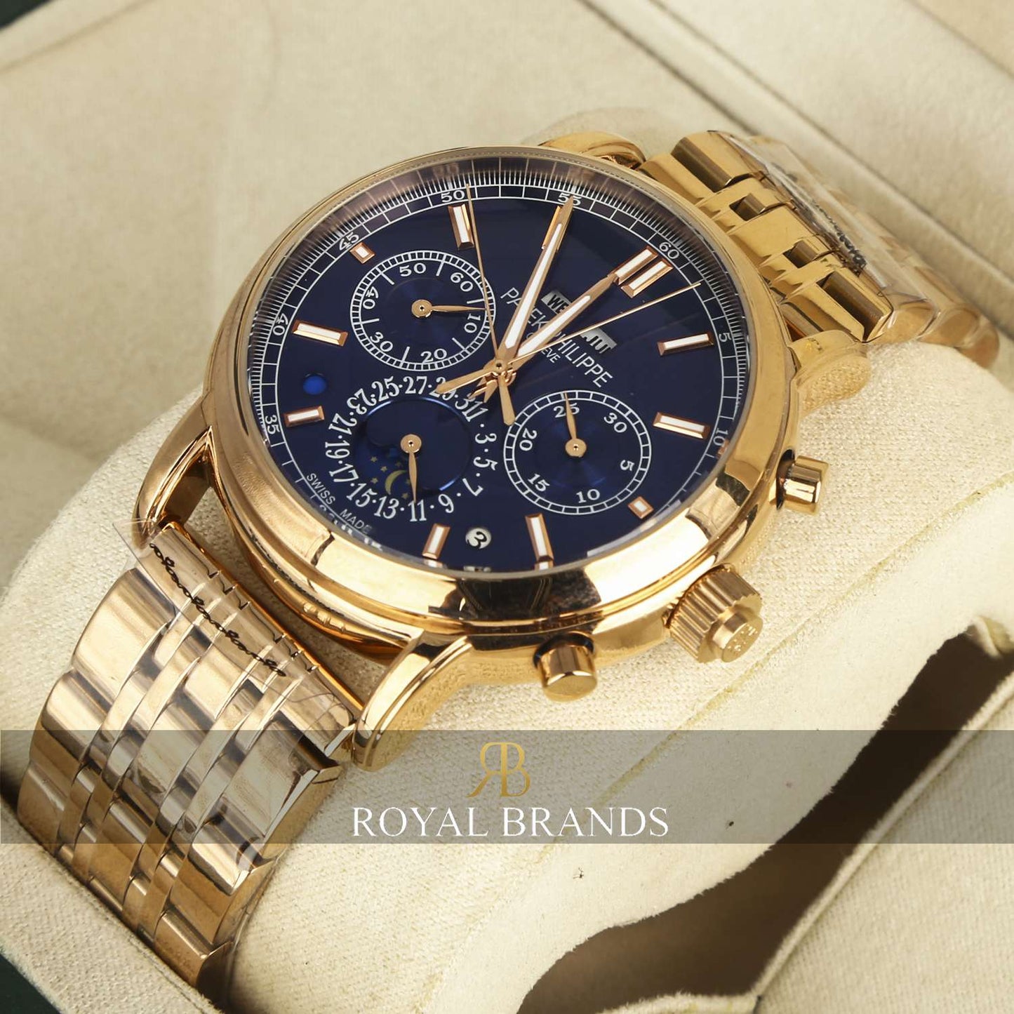 Latest Collection Moon Phase Rose Gold With Blue Dial Watch