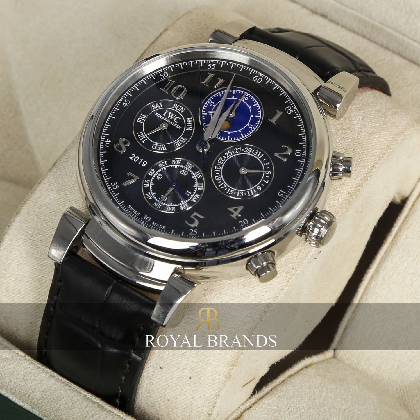 Latest Collection Perpetual Calendar Chronograph Silver Case With Blue Dial & Black Leather Strap